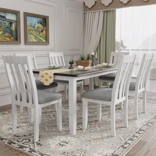 Harper & Bright Designs 7 Pieces Dining Table Set with 6 Upholstered Chairs and Extendable Tabletop, Solid Wood Kitchen Dining Room Table Set, Brown Tabletop + White