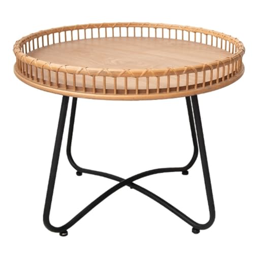 Rattan Side Table, Japanese Style Round Coffee Table,Metal Base End Table for Living Room