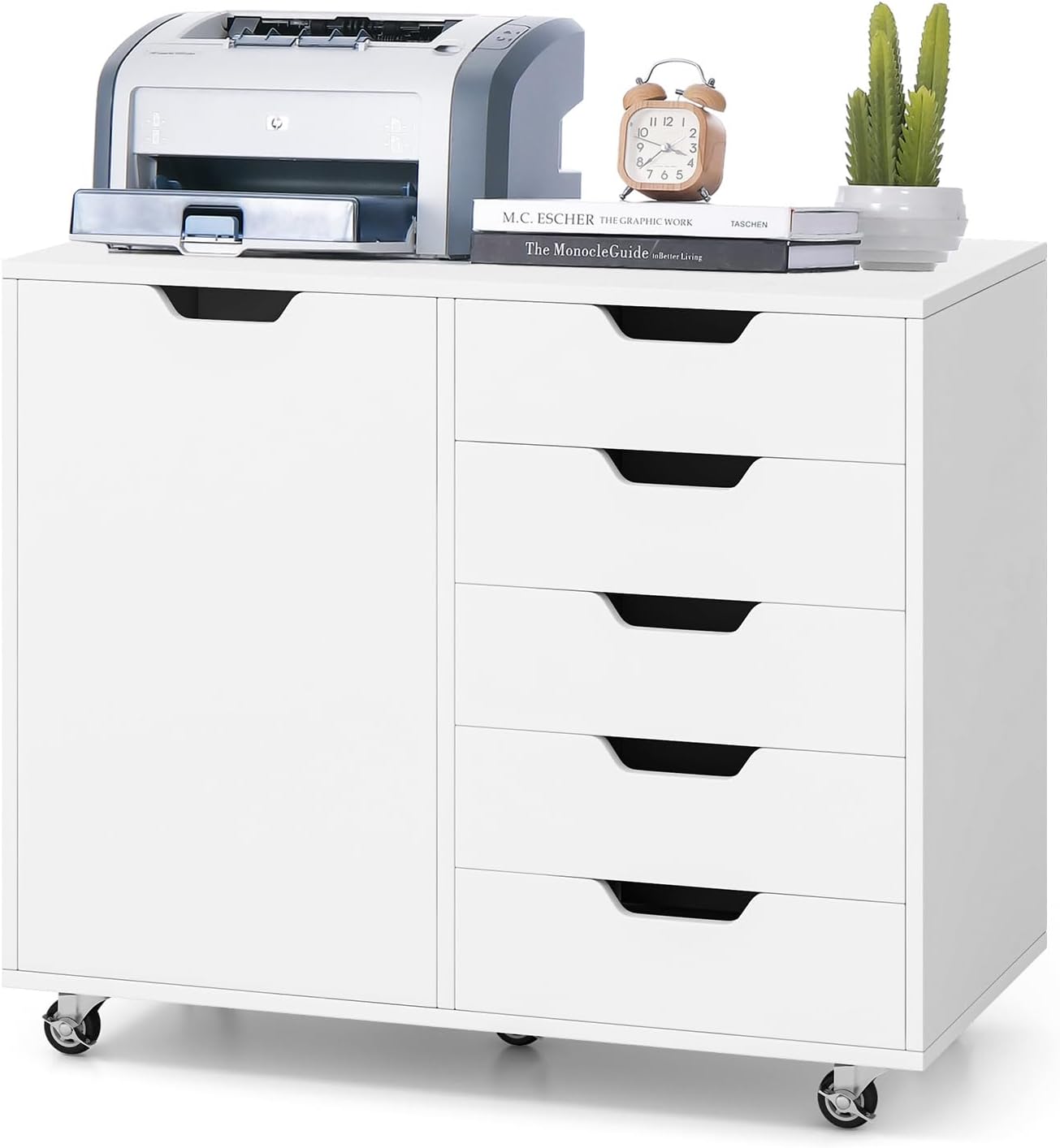 LOKO 5-Drawer Lateral File Cabinet, Mobile Filing Cabinet with 5 Casters, 5-Position Adjustable Shelf, Printer Stand with Storage, Rolling Storage Organizer for Home Office, White