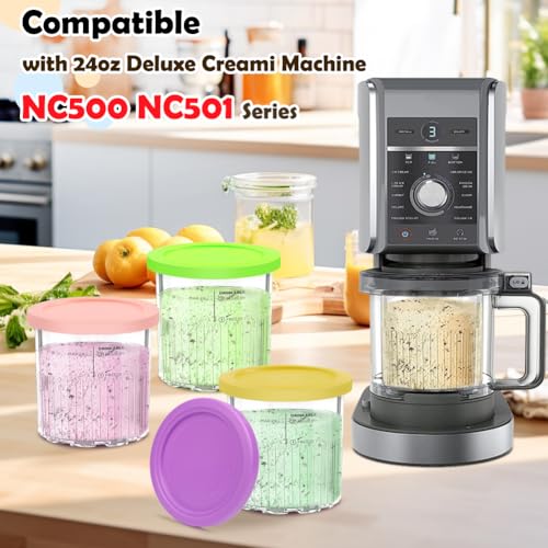Replacement For Ninja Creami Deluxe Pints and Lids-4 Pack-24OZ Ice Cream Maker Pints Compatible with Ninja NC501 NC500 Series,11-in-1 Creamy Ice cream Containers Cups Dishwasher Safe