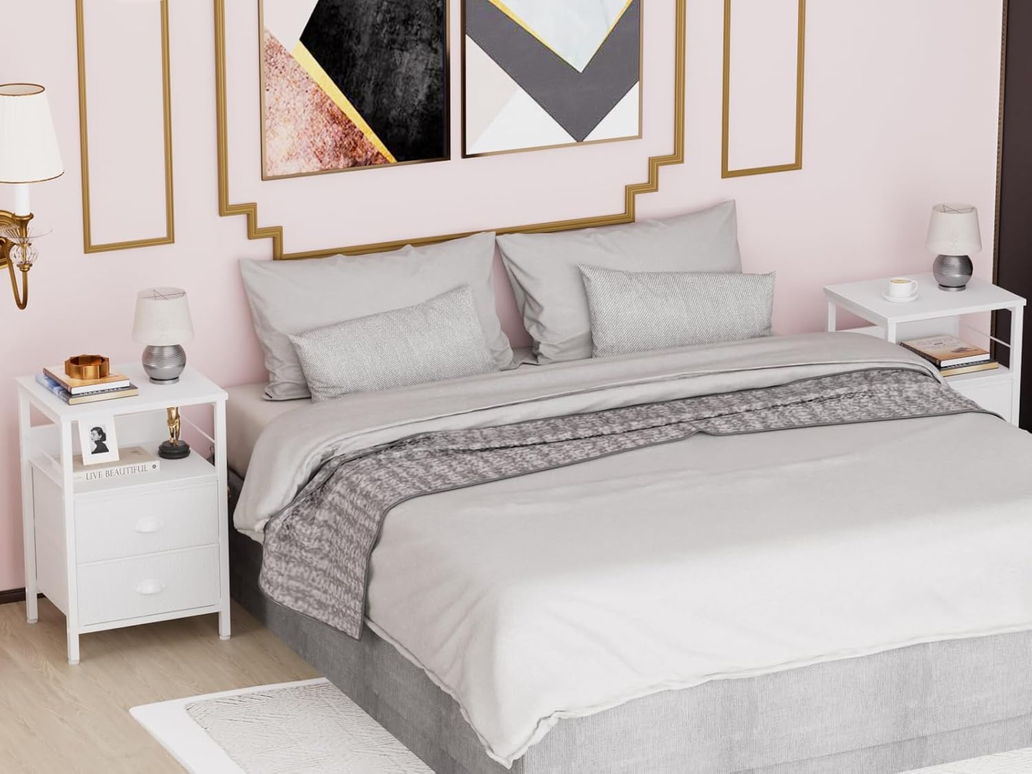 Furologee White Computer Desk and Nightstands Set 2, Office Desk with Drawer and Power Outlets, 2 Monitor Stands and Fabric File Cabinet, End Table with 2 Fabric Drawers, for Bedroom/Home Office