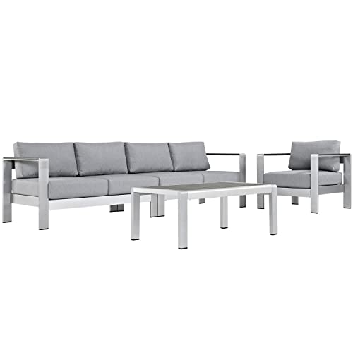 Modway Shore 3-Piece Aluminum Outdoor Patio Furniture Set in Silver Navy