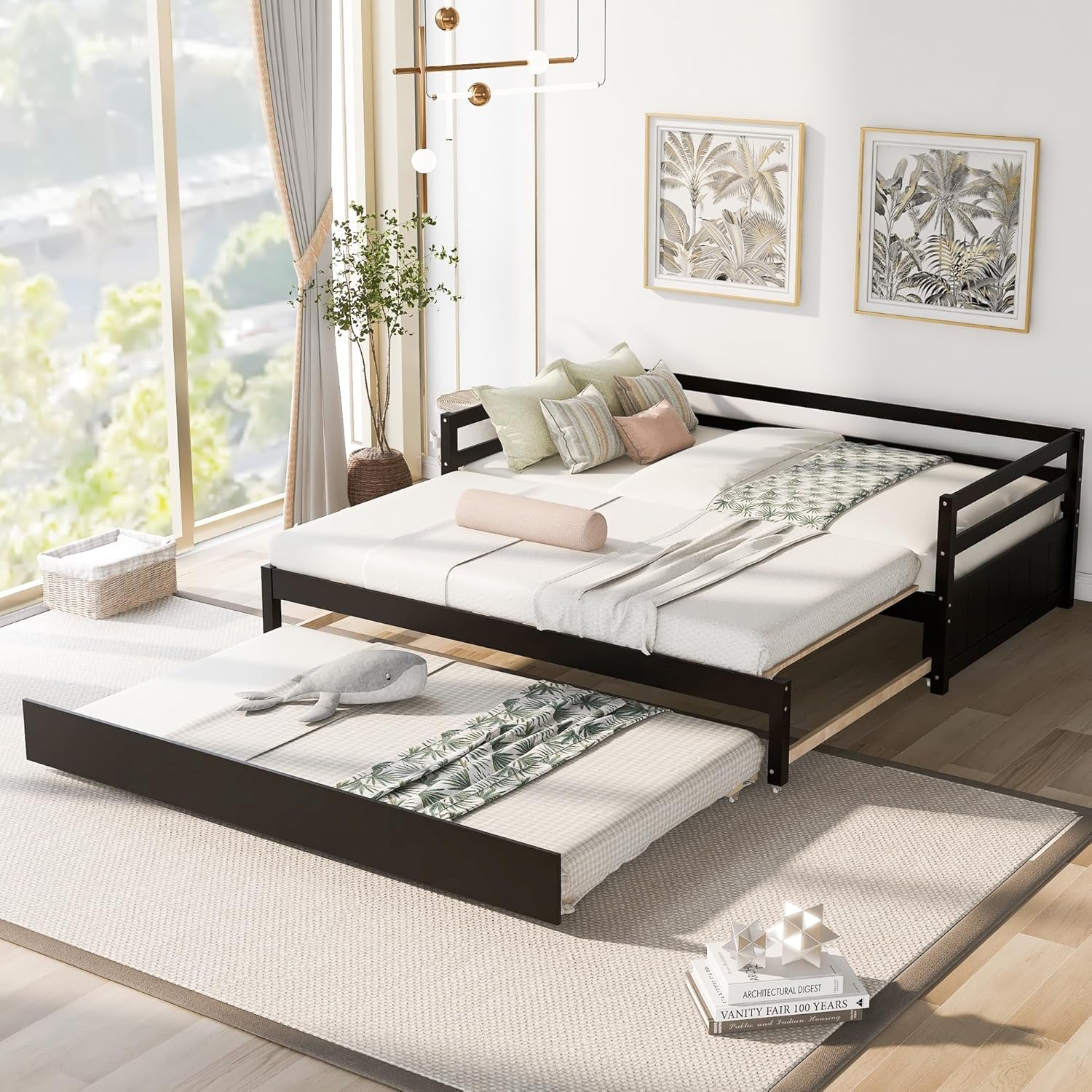 Multifunctional Extending Twin Or Double Daybed with Trundle Brown Modern Contemporary Wood Includes Hardware