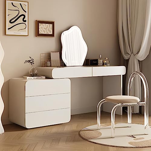 Makeup Vanity, White Vanity Desk with Mirror and Lights, Modern Dressing Table with 5 Storage Drawers and Stool, Vanity Set for Bedroom, 3 LED Lighting Modes, Retractable Side Cabinet (47.2in)