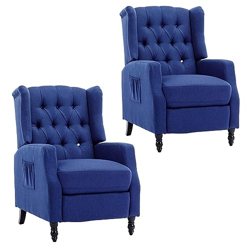 KINFFICT Wingback Recliner Chair Set of 2, Mid Century Push Back Accent Armchair with Side Pocket, Modern Lounge Chair Single Sofa Arm Chair for Living Room, Bedroom, Office, Navy