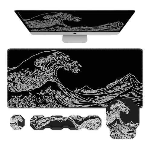 iCasso Mouse Pad with Wrist Rest, Large Desk Mat+Keyboard Wrist Rest+Mouse Wrist Rest+Coaster, 4in1 Gaming Mouse Pad Set with Ergonomic Design Non-Slip for Home Office desk Computer, Banana Leaf Green