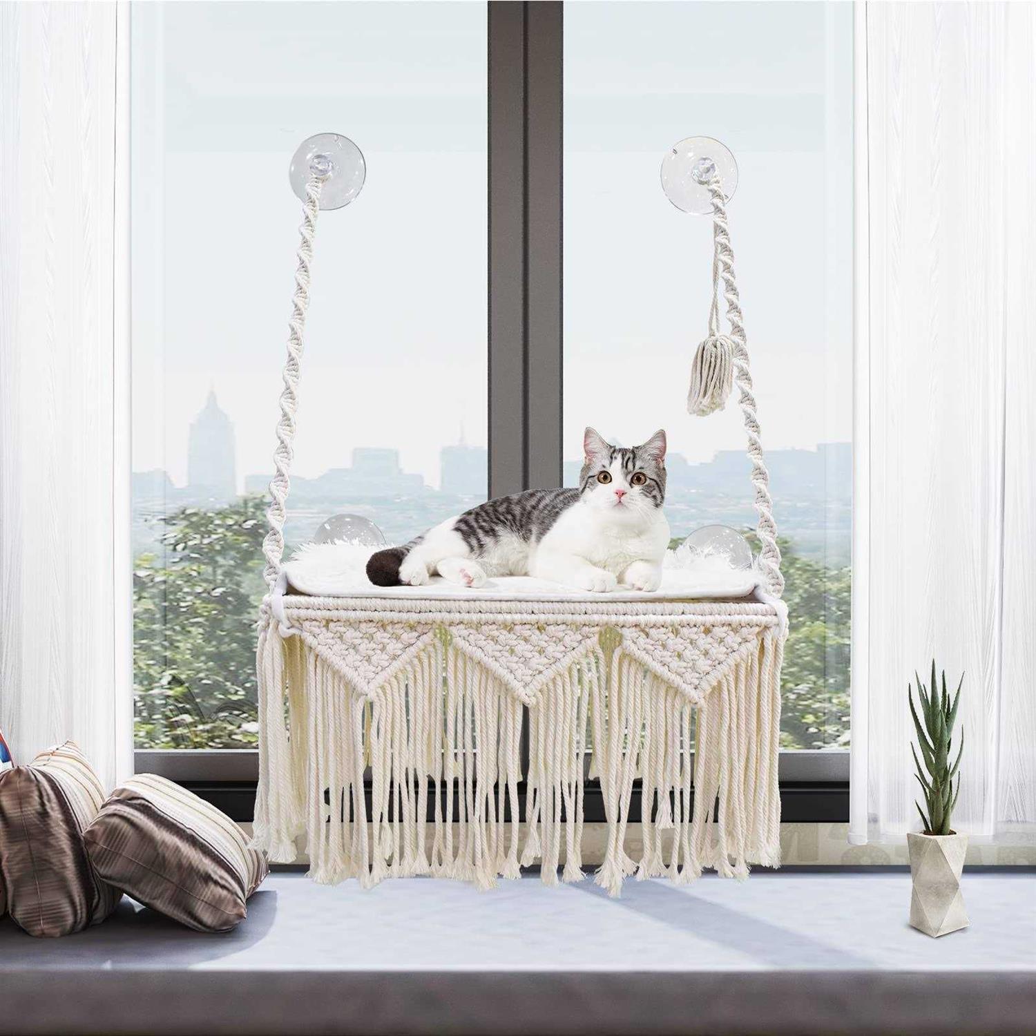 VAEScOL cat window perch macrame cat hammock boho wall mounted pet resting seat bed for sunbathing - Pet Supplies online store