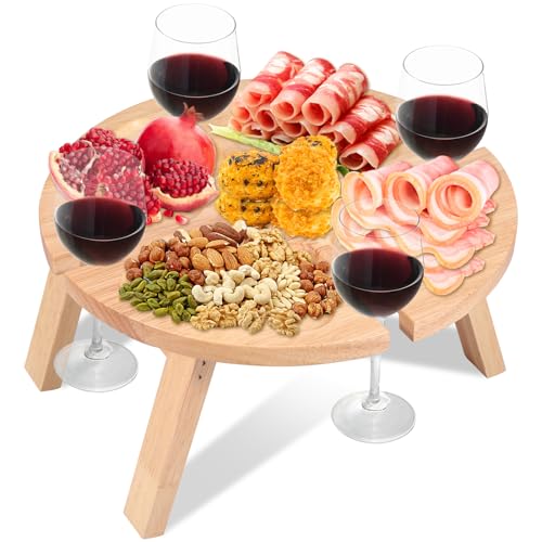 Portable Picnic Wine Table Foldable Wine Table with Tall Glass Holder Wooden Picnic Table 5-Compartment Snack Table Tray for Party Picnic Camping Beach 12×6.3in(Log Color)