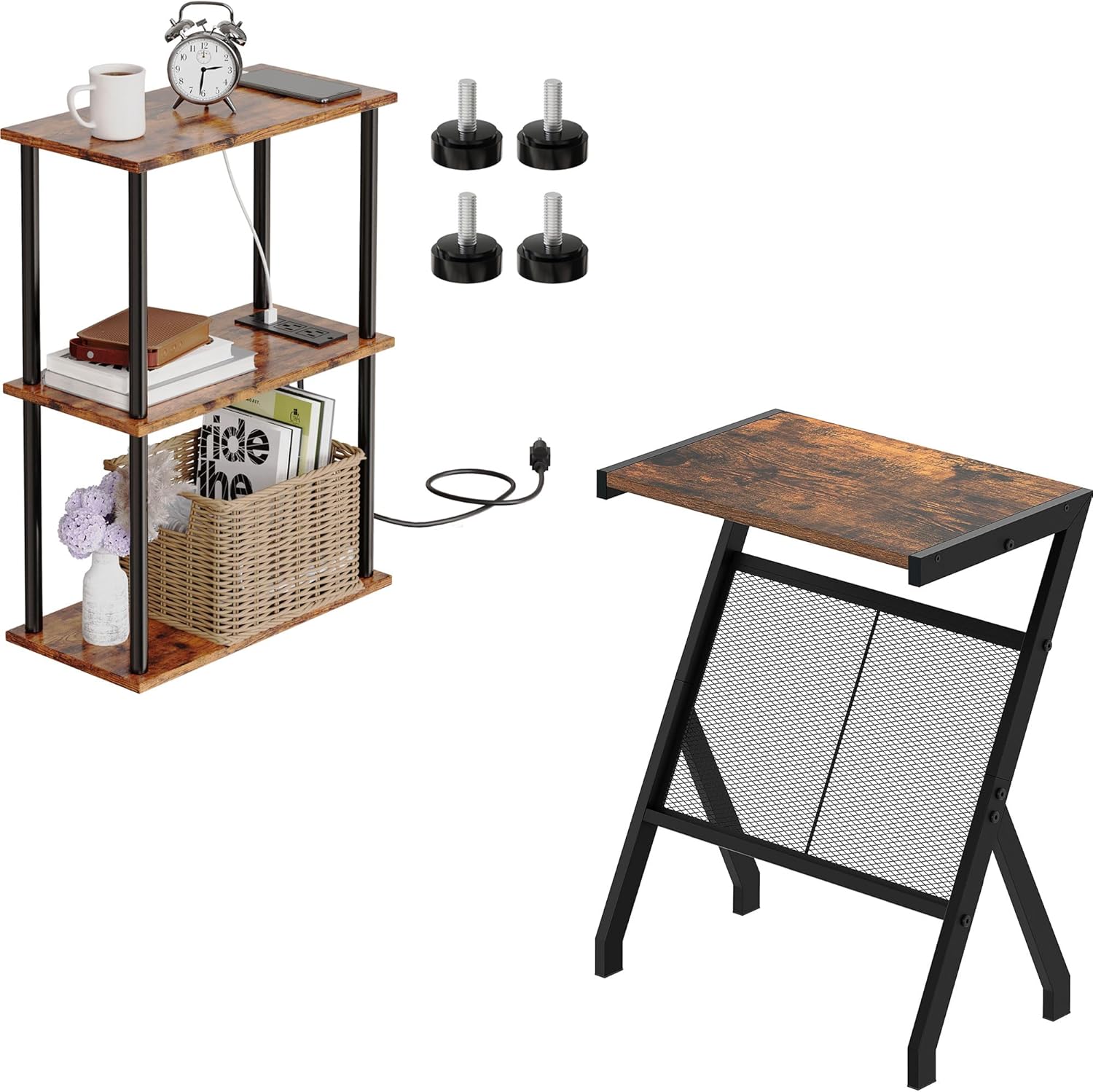 Magazine End Table & 3-Tier Narrow Side Table with Charging Station
