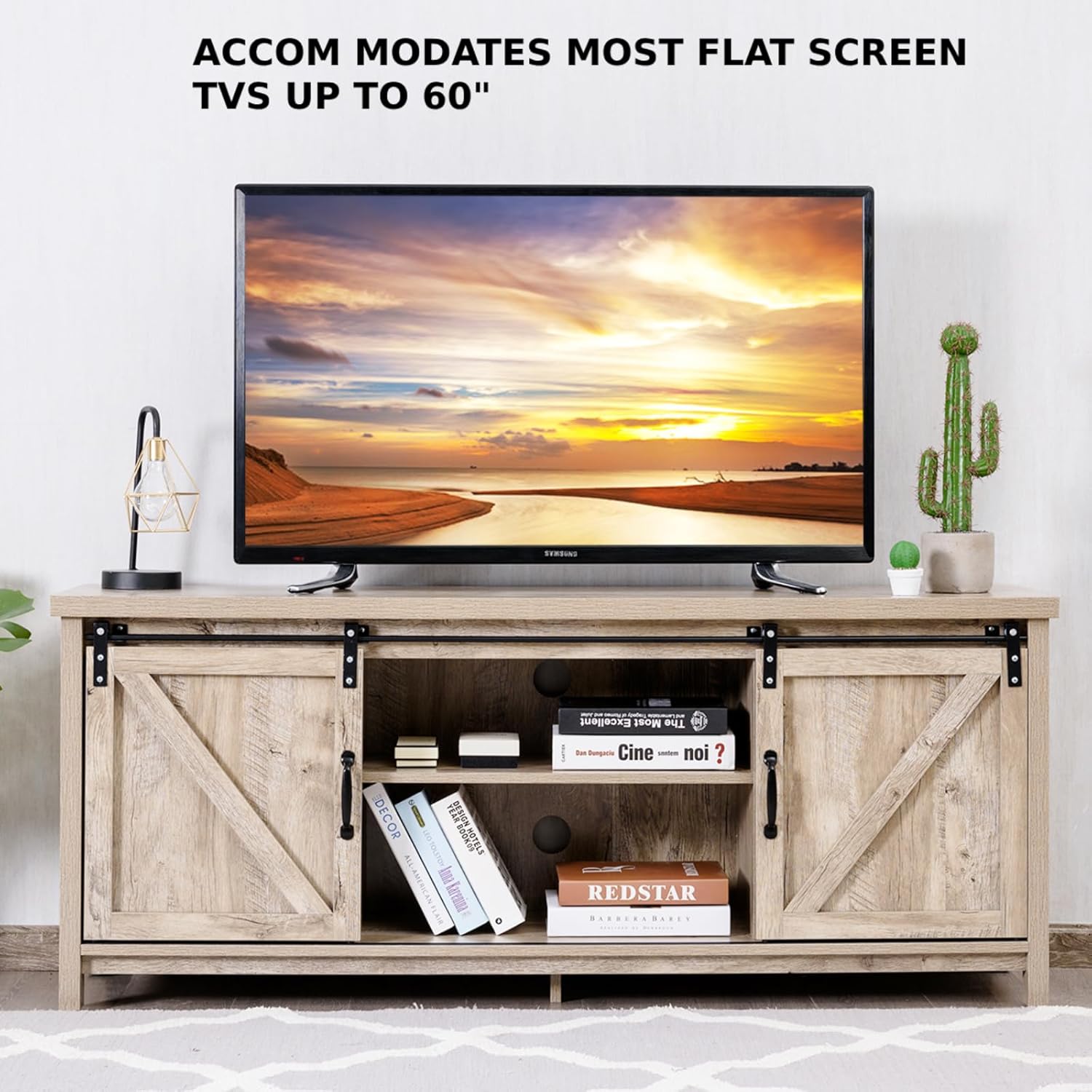 CASART Wooden TV Cabinet, 3 Tier TV Console Table with Sliding Barn Doors and Shelves, Rustic Media Entertainment Center for Living Room Bedroom Office (Grey Wash), 147 x 40 x 60cm, CAHW61826