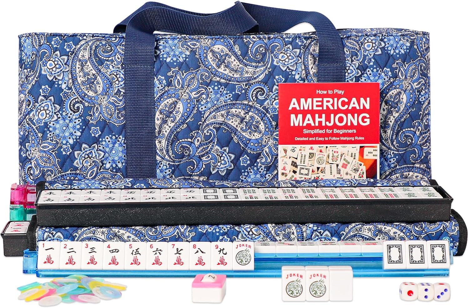 American Mahjong Set,166 Premium White Tiles with Soft Bag and Accessories,4 All-in-One Mahjong Racks with Pushers,Complete Western Mah Jongg,Mah-Jongg,Ma Jong Set