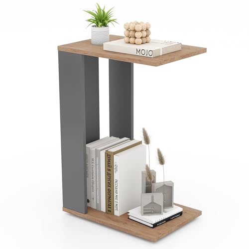 GOFLAME Rolling C-Shaped End Table Set of 2, Mobile Couch Table with Bottom Shelf & 4 Concealed Universal Wheels, 2-Tier Tray Table, Modern, Narrow Side Tables for Living Room, Bedroom, Natural