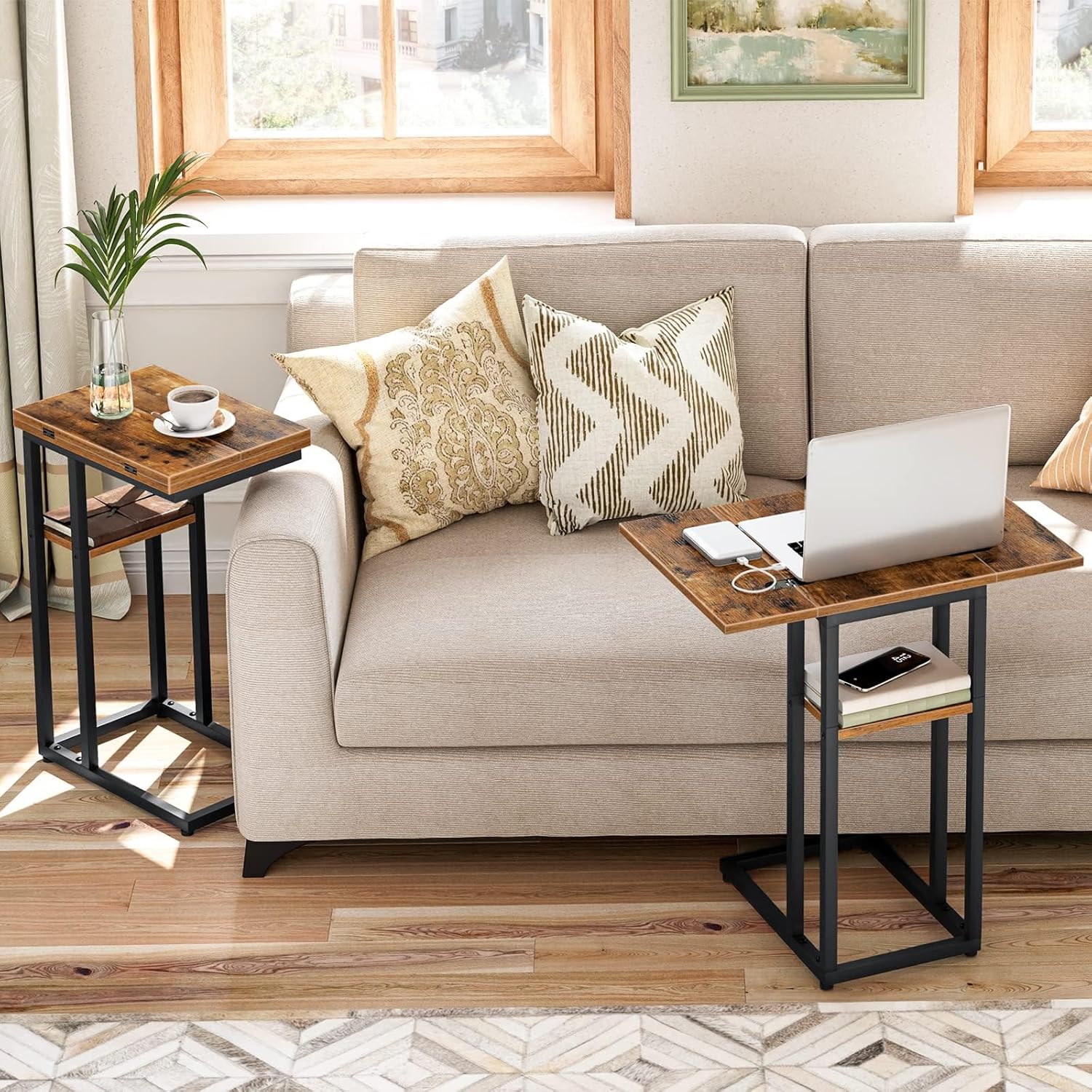 HOOBRO Foldable End Table, C Shaped End Table with Charging Station, 28.3