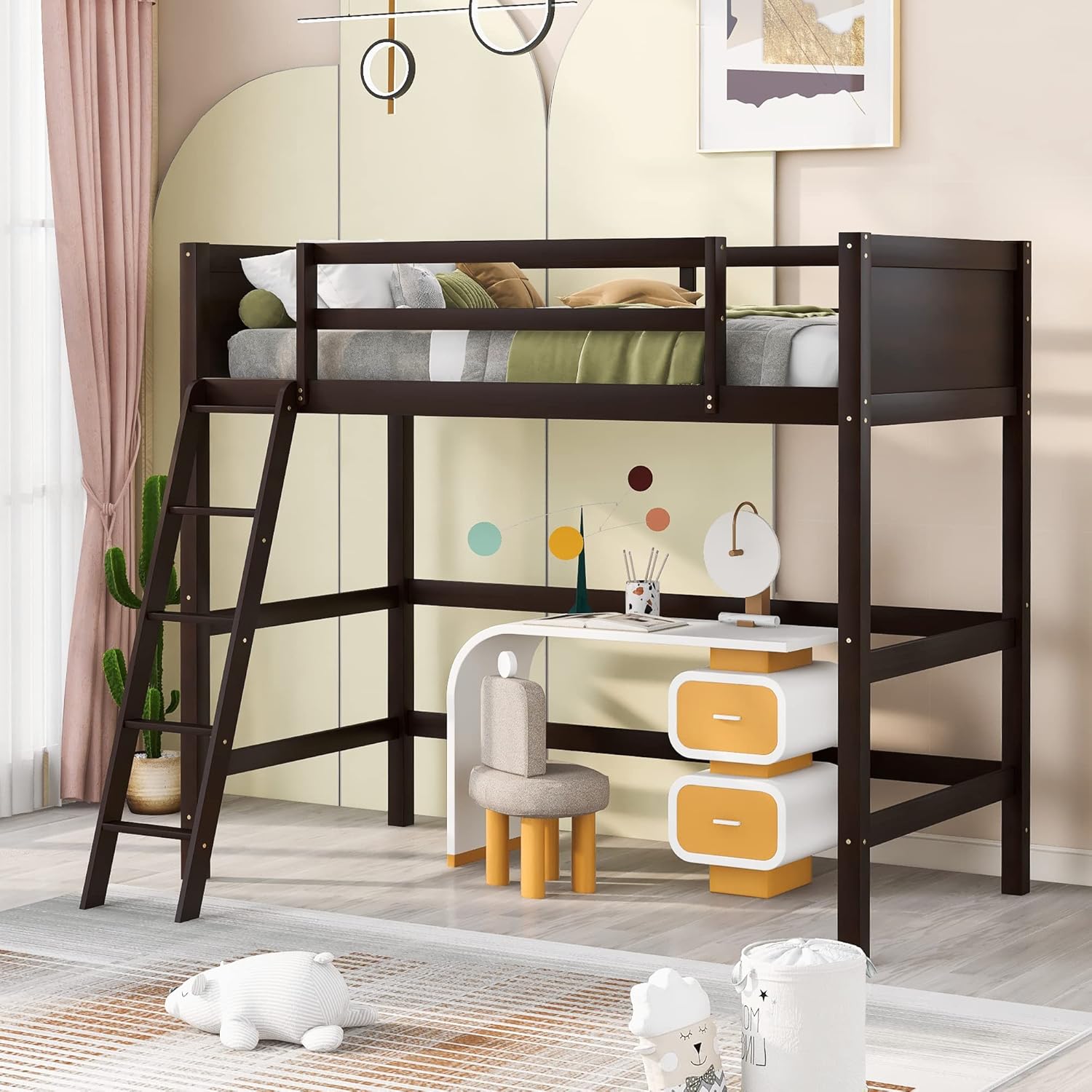 Harper & Bright Designs Twin Size Loft Bed with Ladder, Wooden Loft Bed Frame for Kids Teens Adults, Espresso