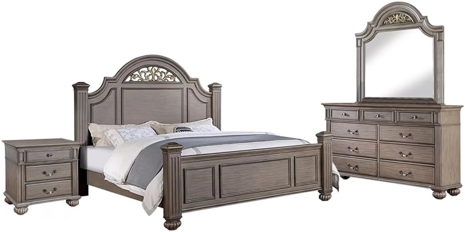 4 Piece Wooden Queen Size Bedroom Set, Grey