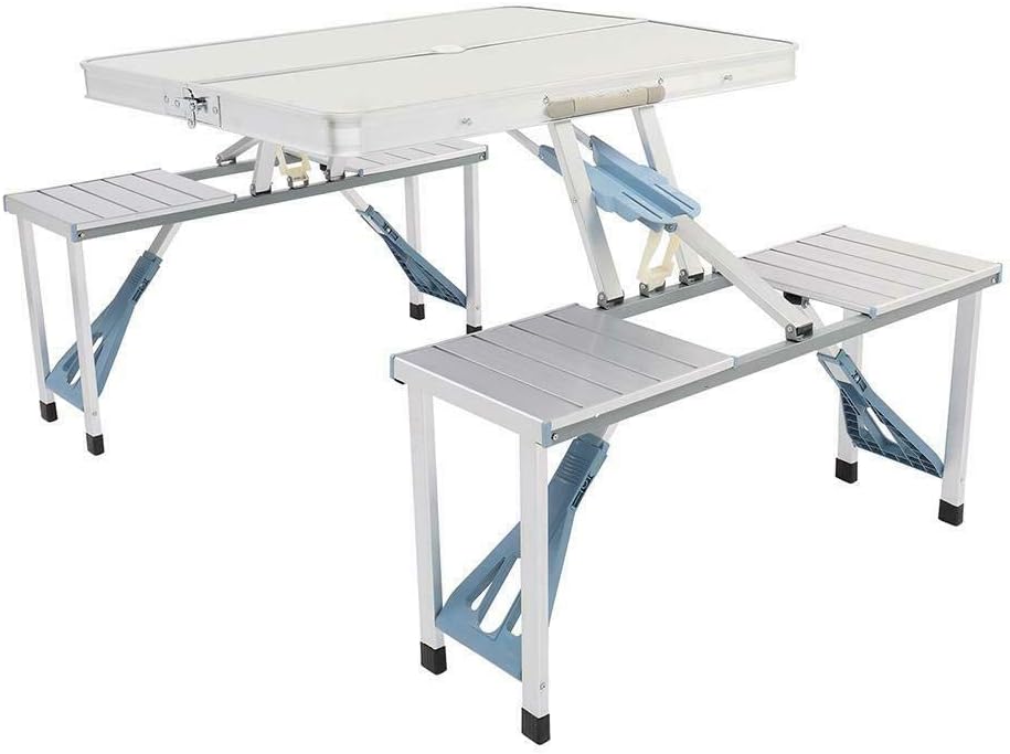 M-K Aluminum Folding Camping Picnic Table with 4 Bench Chair Stool Seat Portable Set, Silver