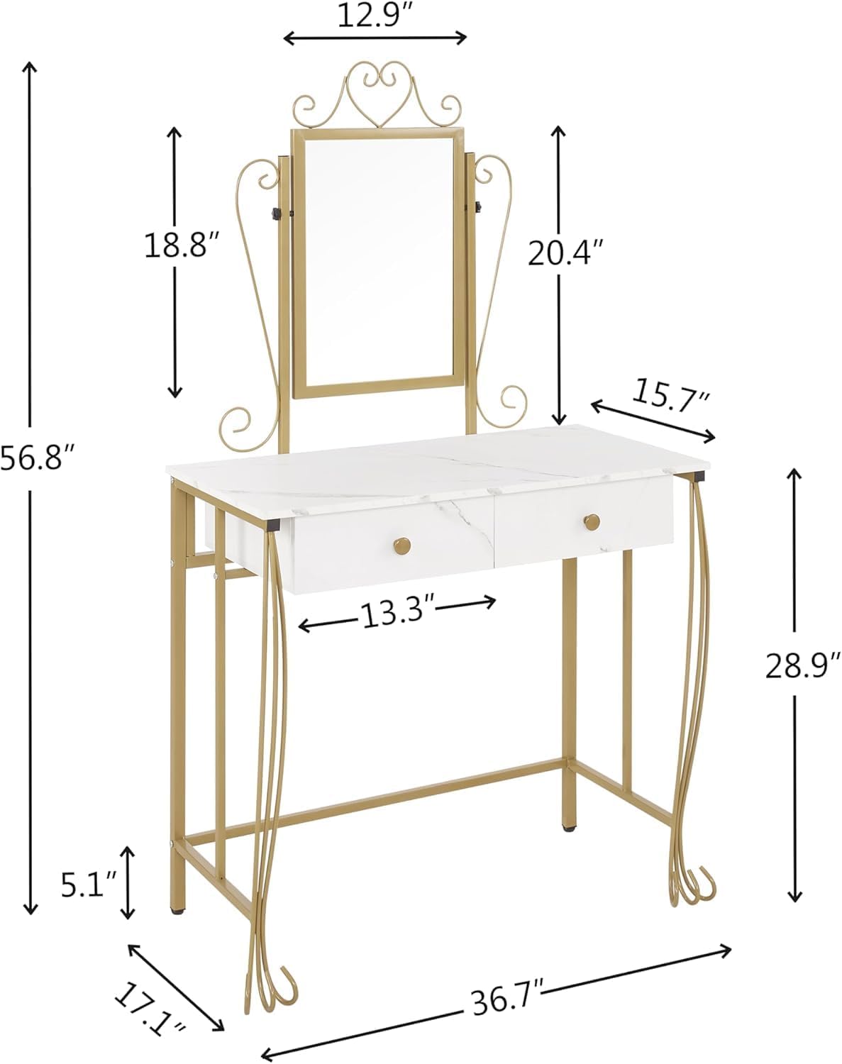 Vanity Mirror Table Set, Makeup Desk Vanity with Stool, Vintage Bedroom Vanity Lots Storage Dressing Table for Women and Girls（White）