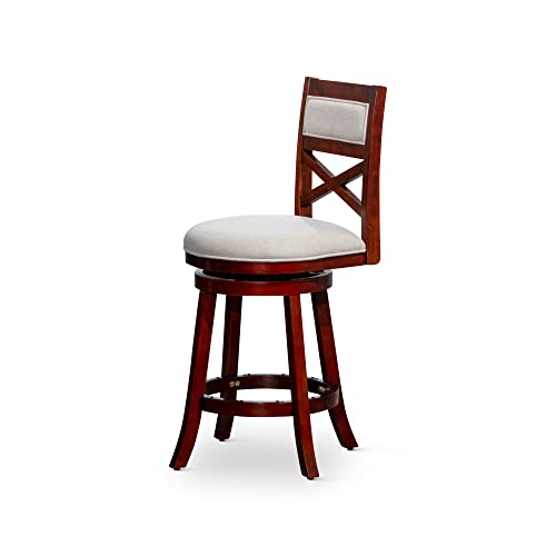 DTY Indoor Living Meeker X Back Fabric Swivel Stool, 30” Bar Height, Cherry Finish, Charcoal Fabric Seat