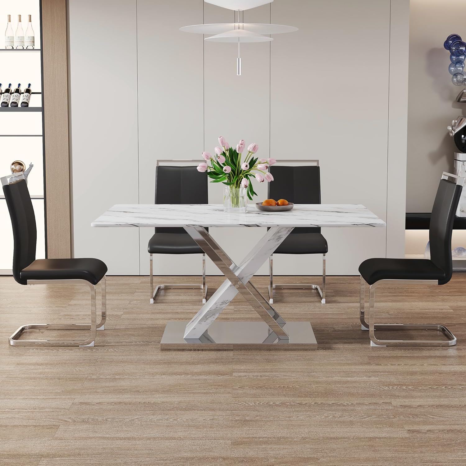 SSLine Modern 5-Piece Faux Marble Dining Table Set for 4, 63