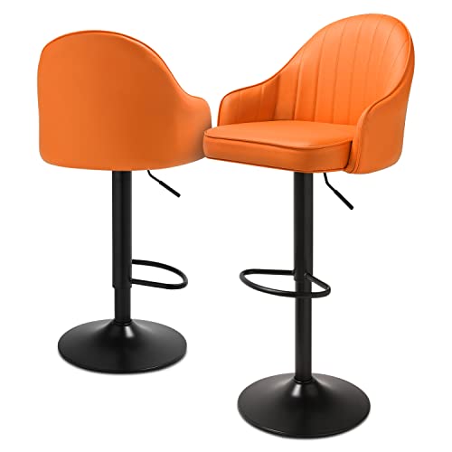 MoNiBloom Modern Shell Back Bar Stools Set of 2 PU Leather Counter Height Adjustable Swivel Barstools with Back and Arms for Pub Kitchen Dining Room Chairs with Footrest, Orange