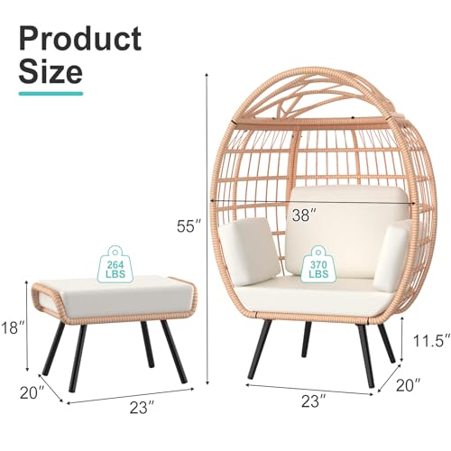 ZENPETIO Wicker Egg Chair with Ottoman, Oversized Indoor Outdoor Lounger with 5 UV Resistant Cushions, All-Weather Wicker Egg Lounger Chair for Patio, Backyard, Living Room, 370lbs Capacity - Brown
