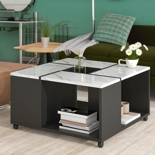 NicBex Coffee Tables Modern 2-Layer Coffee Table with Casters, Square Cocktail Table with Removable Tray Contemporary Marble Design Center Table for Living Room, White+Black