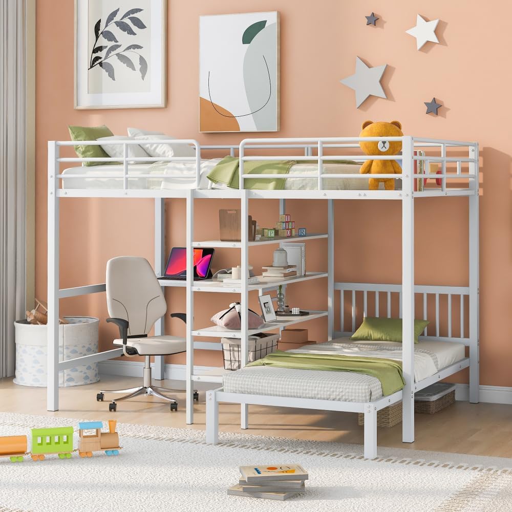 Full Over Twin Metal Bunk Bed with Built-in Desk, Shelves and Ladder, White 2-Numbers of Package Metal+MDF 20pcs 99.05