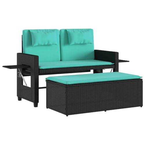 Reclining Patio Bench with Cushions Black Poly Rattan,2in1 Patio Bench Sofa Bed with Adjustable Backrest for Outdoor Living Patio Seating Furniture