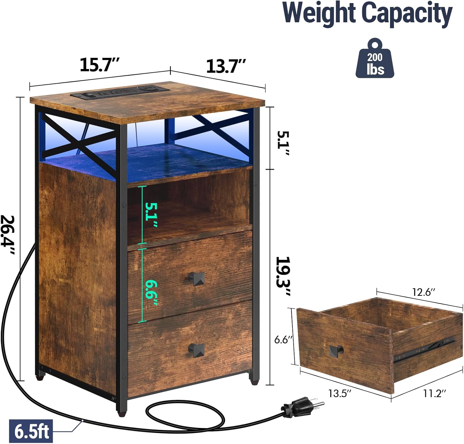 LED End Table with Charging Station Set of 2, Grey Nightstands Set 2 with LED Light and Wireless Charger, Bedside Table with Wooden Drawers, Storage Night Stands for Bedrooms Set of 2