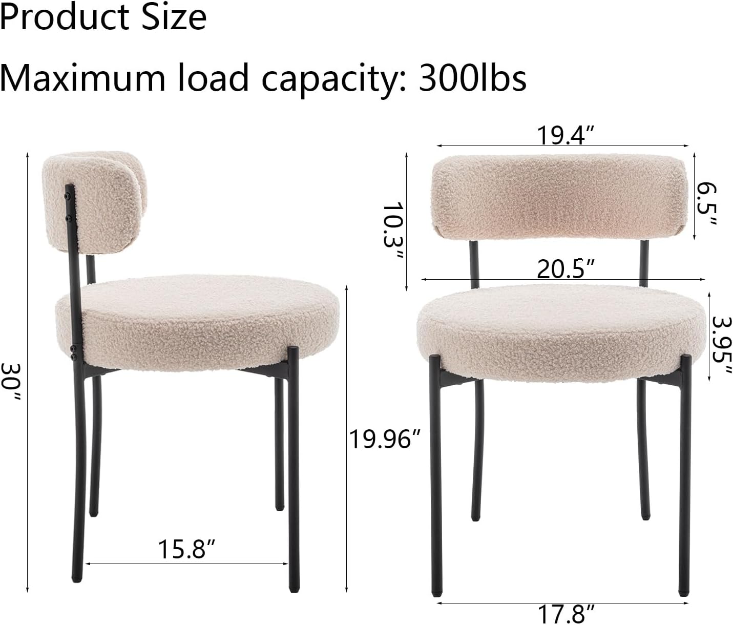 Boucle Dining Chairs Set of 2, Round Modern Dining Chair for Dining Room, Kitchen
