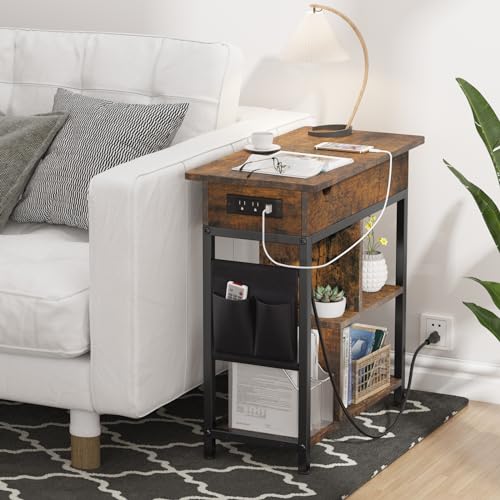 GAOMON End Table with Charging Station, Flip Top Narrow Side Table Nightstand with Outlets USB Ports and Storage, Bedside Table with Shelf for Living Room Small Space (Rustic Brown)