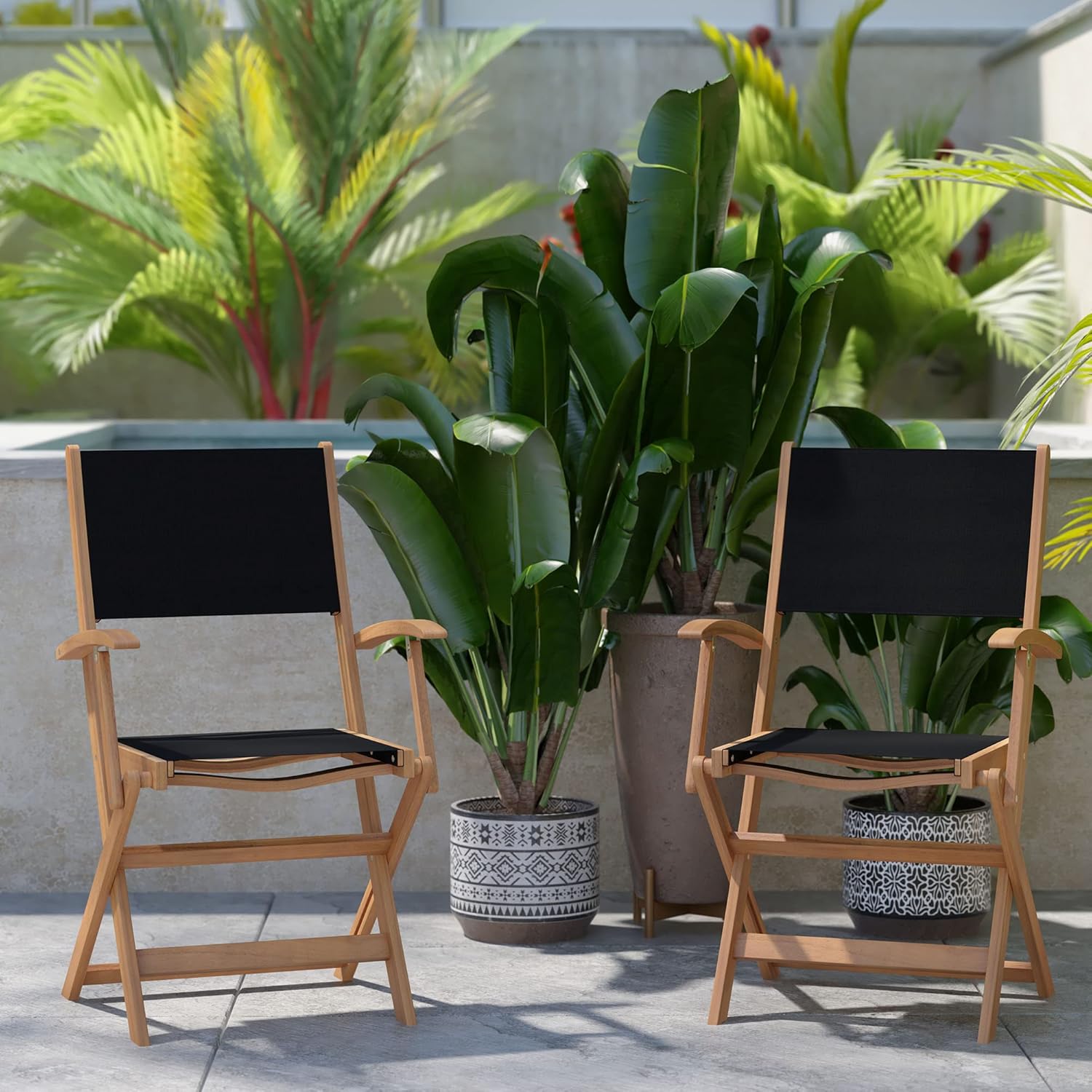 Flash Furniture Martindale Indoor/Outdoor Folding Acacia Wood Bistro Chairs - Natural Finish X Base Frame with Arms - Black Textilene Back and Seat