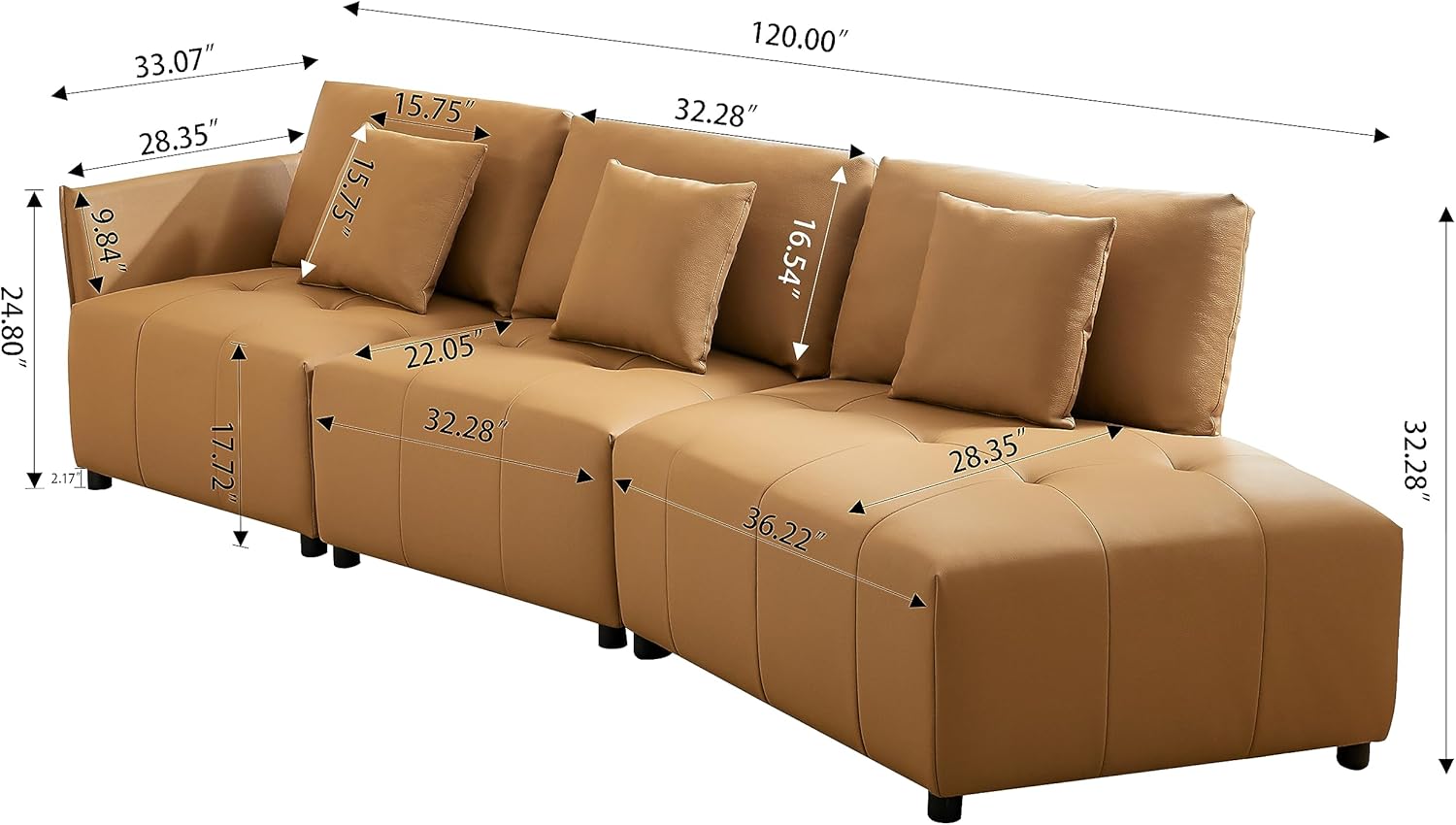 120-Inch Modern Modular Sectional Sofa - Premium Genuine Leather Couch with Curved Design, Comfortable Seat Cushions, Ergonomic Back Support, Perfect for Living Room & Seating for 3-5 People
