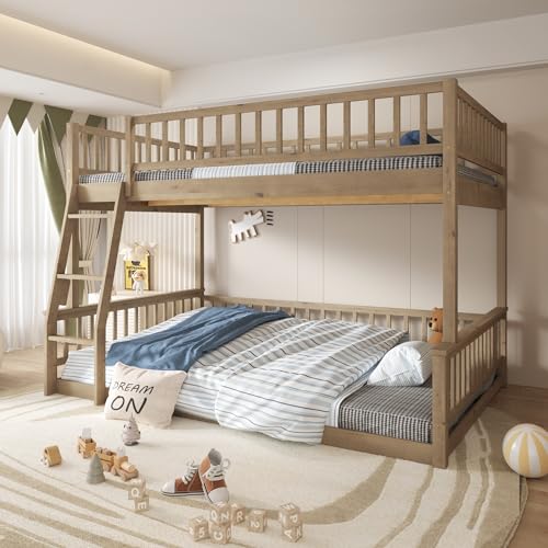 Wood Full XL over Queen Bunk Bed with Ladder and Guardrails,for Kids Teens Adults Bedroom Use (Walnut@Ladder, Full Over Queen)