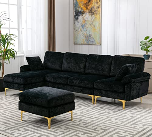 Upholstered Sectional Sofa with Movable Ottoman and Metal Legs, Modern 114