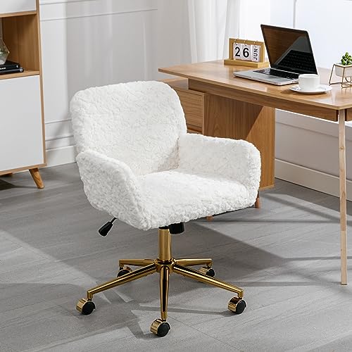 Goujxcy Modern Faux Fur Desk Chair, Elegant White Fluffy Home Office Chair Makeup Vanity Chair for Women Girls, Height Adjustable Swivel Chair with Gold Legs for Bedroom, Dressing Room