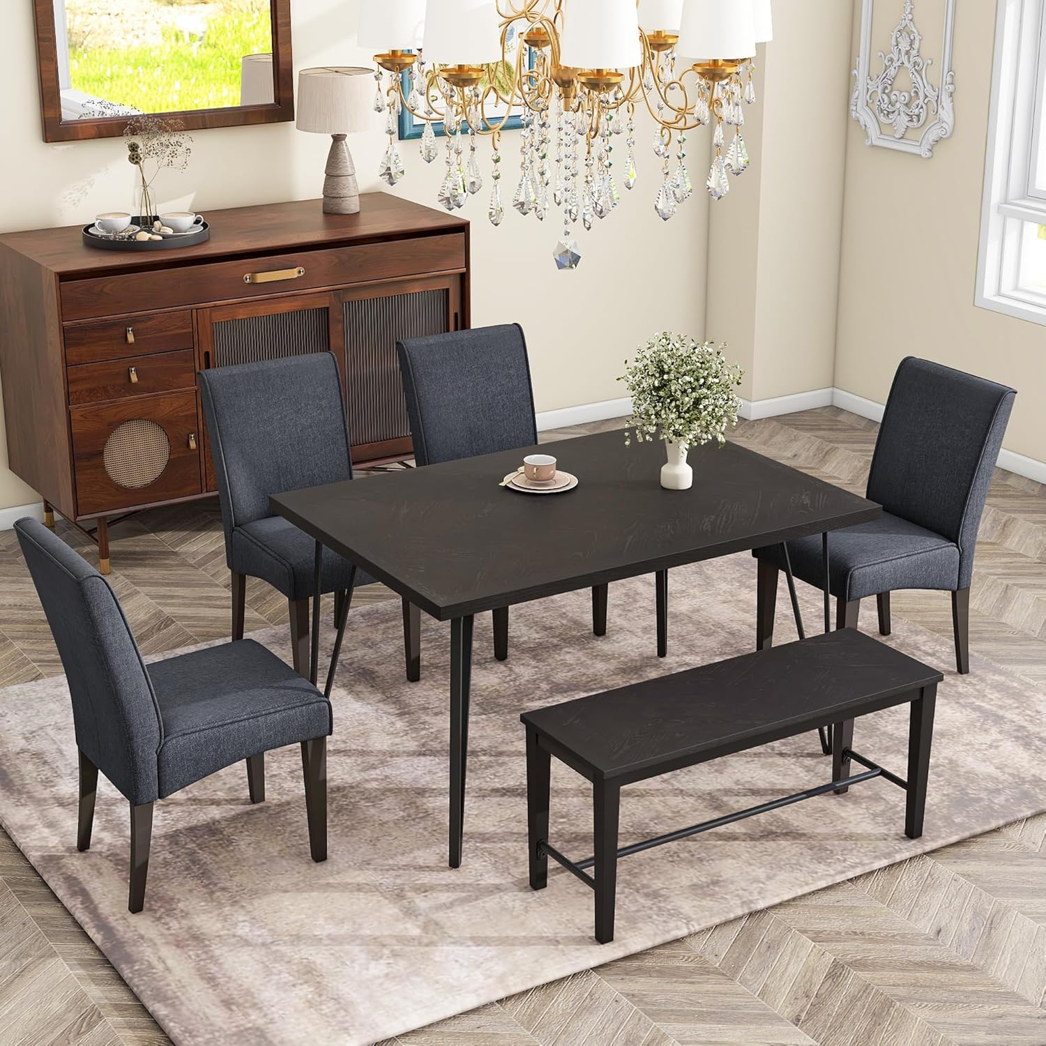 Rectangular Modern 6-Piece Dining Table Set for 6 with V-Shape Metal Legs,4 Upholstered Chairs and Bench, Espresso