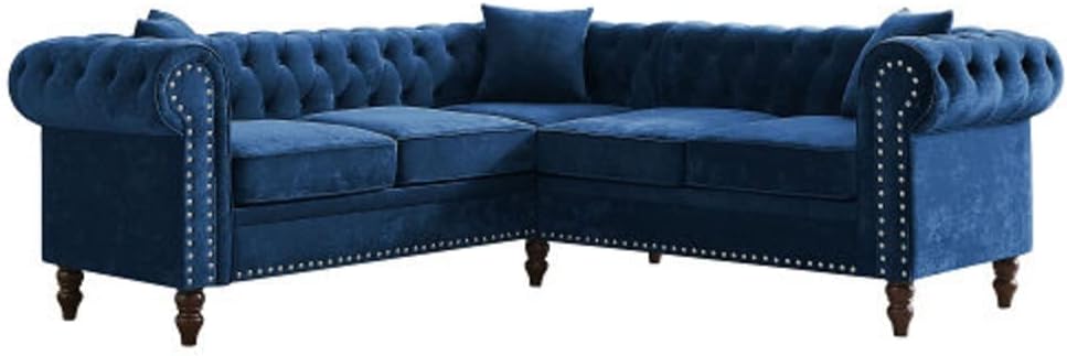 Mons Classic Chesterfield L-Shaped Sofa Upholstered Roll Arm in Blue Velvet Fabric