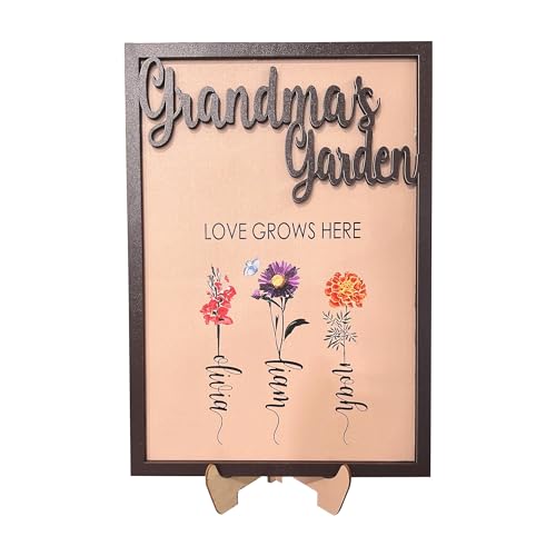 Custom Name Family Wooden Plaque Sign, Personalized Birth Month Flowers Wood Frame, Mom's Grandma's Gift, Personalized Mother's Day Gift (Olive Wood)