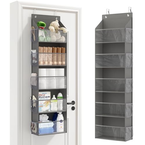 Fixwal Over The Door Hanging Pantry Organizer 5-Shelf Room Organizer with Clear Plastic Pockets Behind The Door Storage Organizer Large Capacity Organizer for Closet Bedroom Bathroom (Grey)