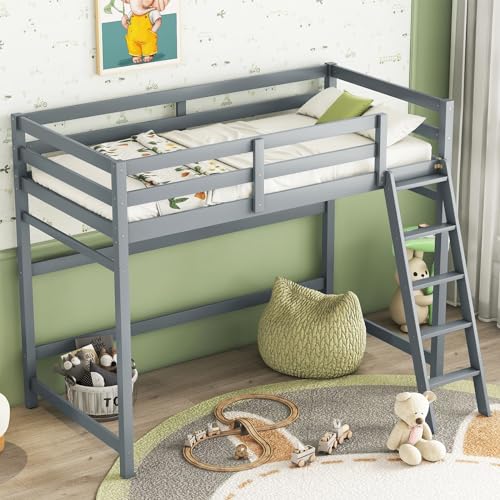 Wooden Twin Loft Bed Frame, High Loft Bed Frame Twin Wooden Loft Bed for Kids, Junior, Teens, Adults Single Bed, Easy Assembly, Space-Saving Design, No Box Spring Needed (White)