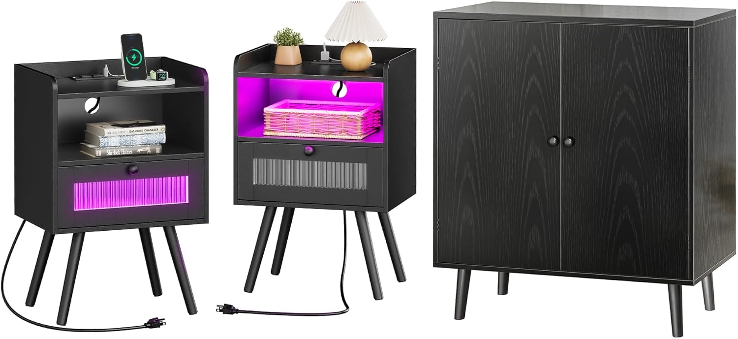 Night Stand Set of 2, Nightstand with Charging Station and LED Light Strips and Drawer, Buffet Cabinet with Storage, Storage Cabinet with 2 Doors, Black