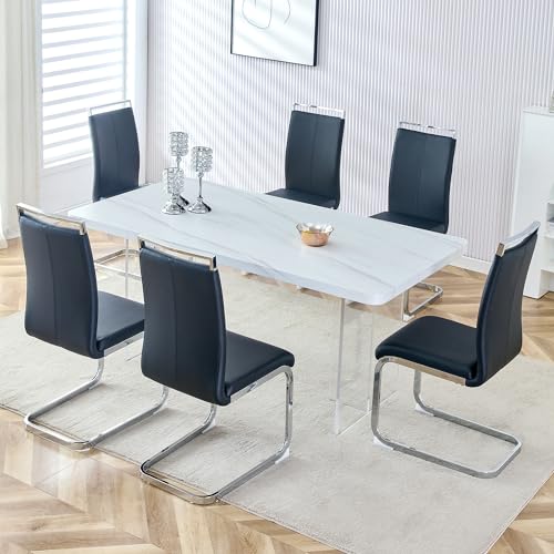 66”Modern Dining Table Set for 6,Dining Table for 6 with Chairs,Rectangular Kitchen Table with Acrylic Legs and Armless Crystal Chair for Dining Room,Kitchen,Restaurants