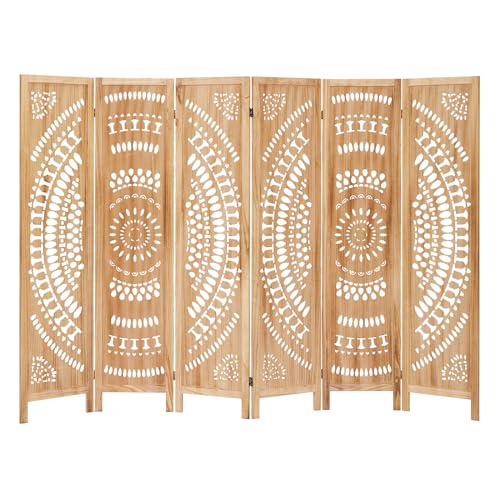 6 Panel Wood Room Divider Fully Assembled, Carved Boho Room Dividers and Folding Screens, 5.6Ft Room Divider Screen Freestanding Partition Wall Dividers for Home Bedroom Office, White