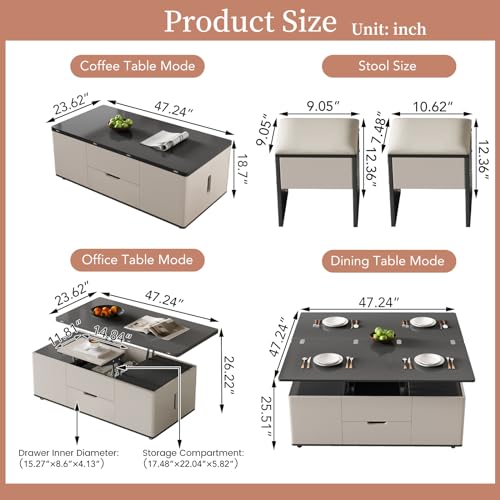 Lift Top Coffee Table with 4 Stools, 3 in 1 Multi-Function Center Table, Modern Lift Tabletop Coffee Table, Extendable Dining Table for Living Room (47.24 Inch)