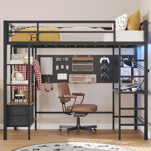 DICTAC Twin Size Loft Bed with Desk and Led Lights Junior Loft Bed with Charging Station & Storage Shelves and Drawers Twin Metal Bed with Clothes Rail,Safety Guard &Ladder,No Box Spring Needed,Black