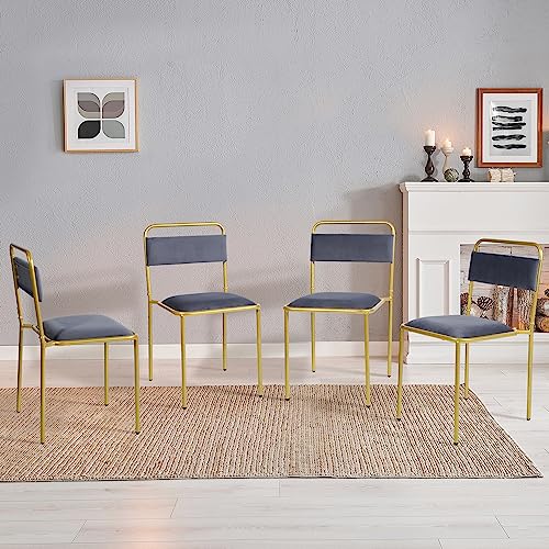 Cozy Castle Dining Chairs Set of 4, Velvet Upholstered Kitchen Chairs, Mid-Century Modern Stackable Chairs with Gold Legs, Grey