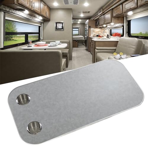 RV Wood Table Top Removable Table, 400x800mm Boat Table Board Top with 2 Cup Holders, Solid Wood Removable Desktop Panel for Caravan RV Marine Boat Yacht Rectangle Screw Hole Fix, Grey
