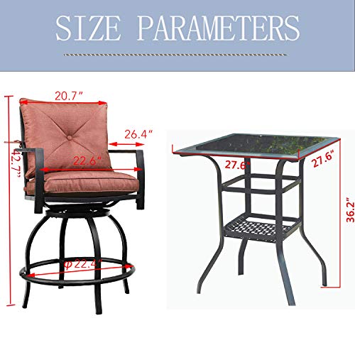 LOKATSE HOME Bar Outdoor Bistro Set Balcony Height Patio Furniture Hightop Stools Counter Swivel Pub Chairs with Glass Top Table, Beige