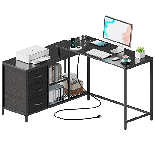 L Desk with Power Outlets, Office Desk with Drawers & Shelves, Corner Desk Gaming Desk,Grey